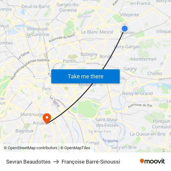 Sevran Beaudottes to Françoise Barré-Sinoussi map