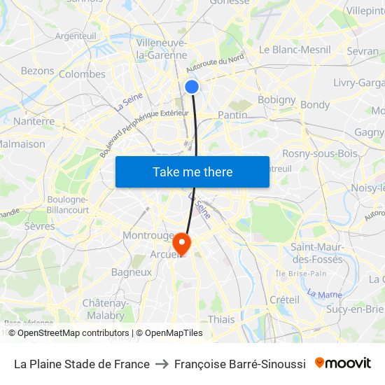 La Plaine Stade de France to Françoise Barré-Sinoussi map