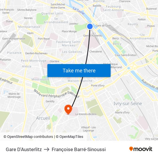 Gare D'Austerlitz to Françoise Barré-Sinoussi map