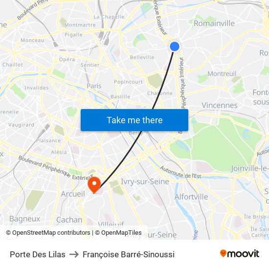 Porte Des Lilas to Françoise Barré-Sinoussi map