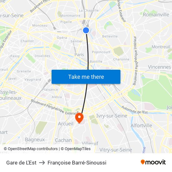 Gare de L'Est to Françoise Barré-Sinoussi map
