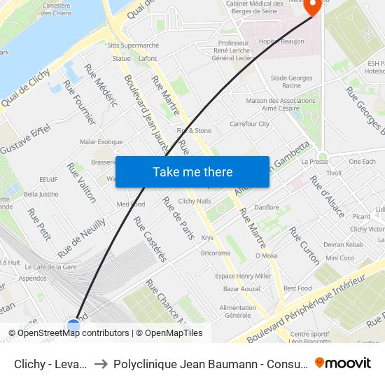 Clichy - Levallois to Polyclinique Jean Baumann - Consultations map