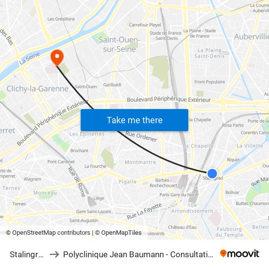 Stalingrad to Polyclinique Jean Baumann - Consultations map