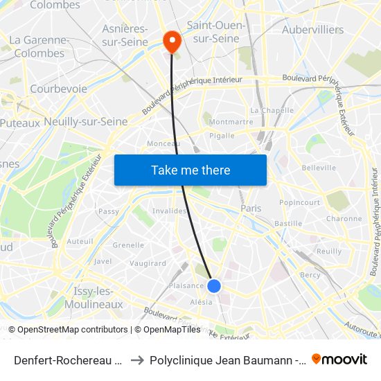 Denfert-Rochereau - Métro-Rer to Polyclinique Jean Baumann - Consultations map