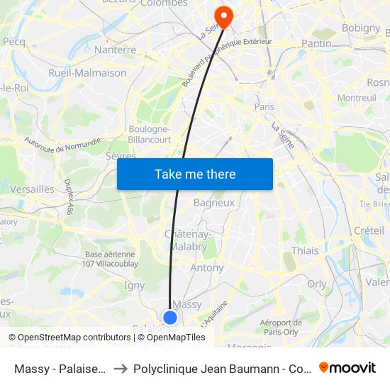 Massy - Palaiseau RER to Polyclinique Jean Baumann - Consultations map