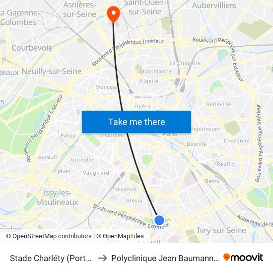 Stade Charléty (Porte de Gentilly) to Polyclinique Jean Baumann - Consultations map