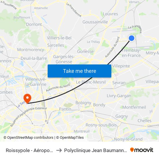 Roissypole - Aéroport Cdg1 (G1) to Polyclinique Jean Baumann - Consultations map