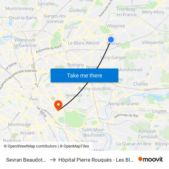 Sevran Beaudottes to Hôpital Pierre Rouquès - Les Bluets map