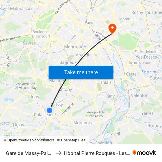 Gare de Massy-Palaiseau to Hôpital Pierre Rouquès - Les Bluets map