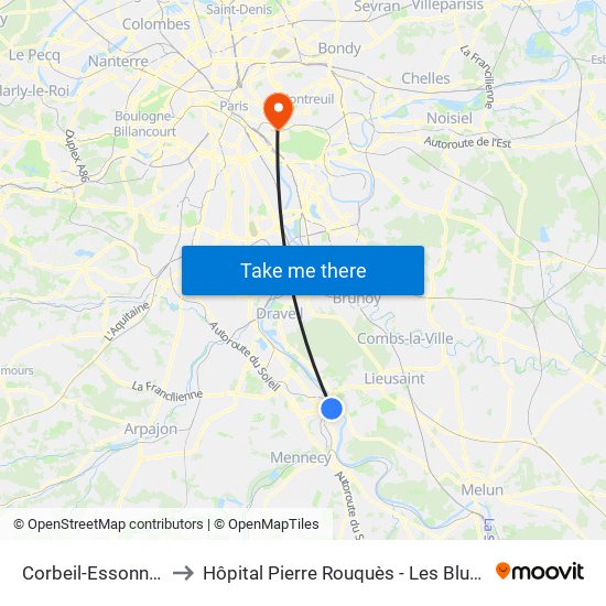 Corbeil-Essonnes to Hôpital Pierre Rouquès - Les Bluets map