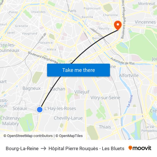 Bourg-La-Reine to Hôpital Pierre Rouquès - Les Bluets map