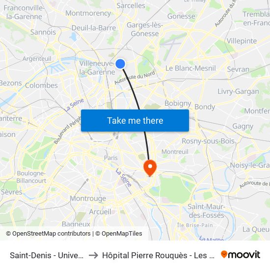 Saint-Denis - Université to Hôpital Pierre Rouquès - Les Bluets map