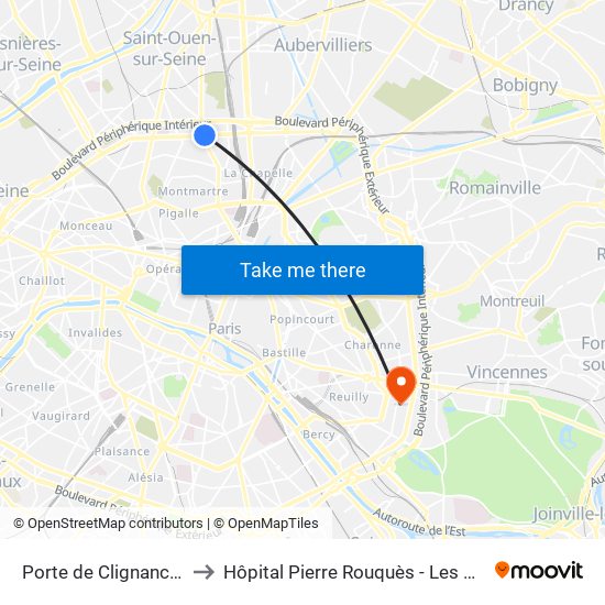 Porte de Clignancourt to Hôpital Pierre Rouquès - Les Bluets map
