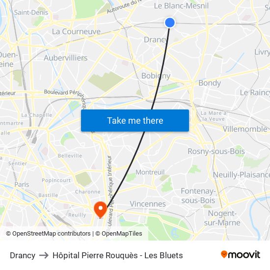 Drancy to Hôpital Pierre Rouquès - Les Bluets map