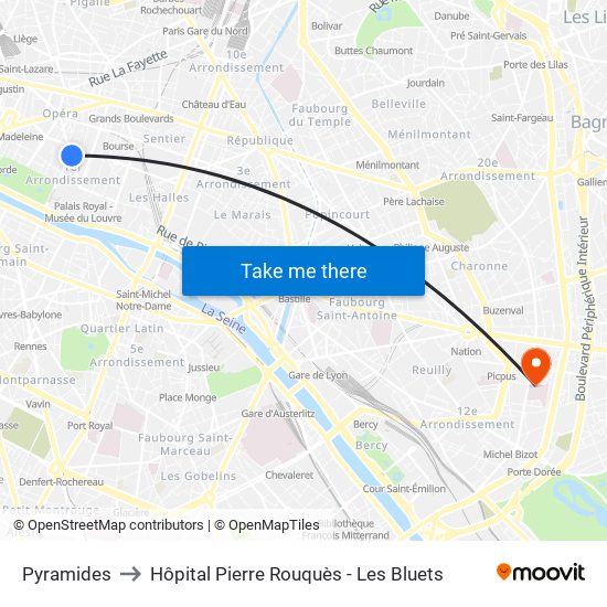 Pyramides to Hôpital Pierre Rouquès - Les Bluets map