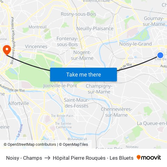 Noisy - Champs to Hôpital Pierre Rouquès - Les Bluets map