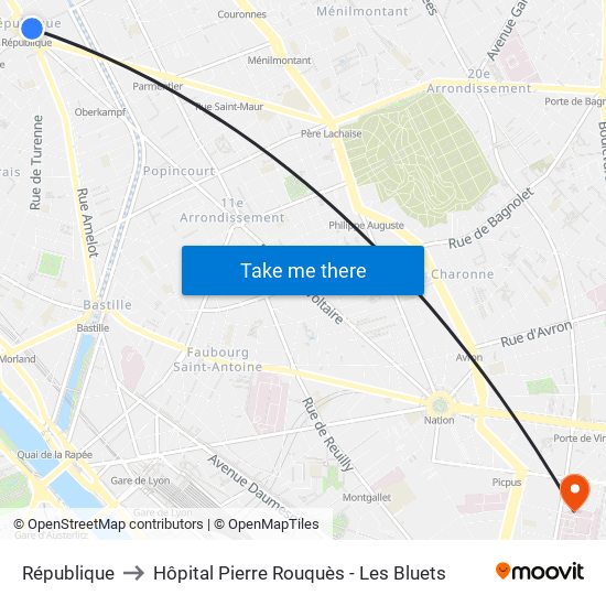 République to Hôpital Pierre Rouquès - Les Bluets map