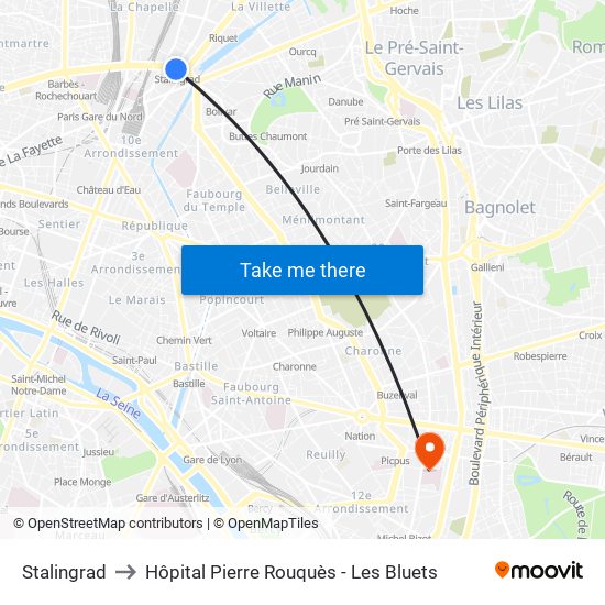 Stalingrad to Hôpital Pierre Rouquès - Les Bluets map