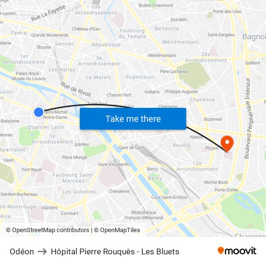 Odéon to Hôpital Pierre Rouquès - Les Bluets map