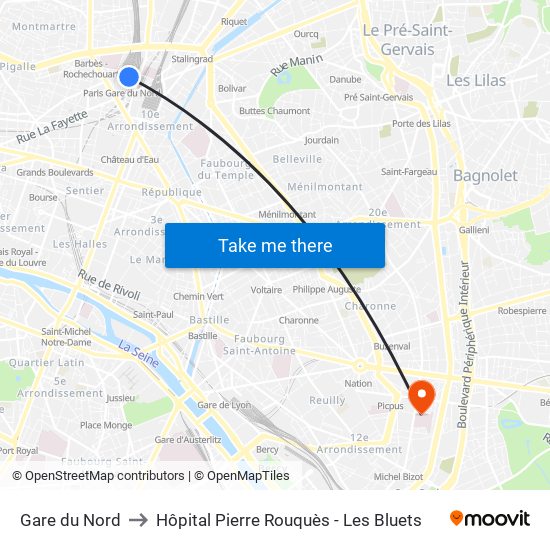 Gare du Nord to Hôpital Pierre Rouquès - Les Bluets map