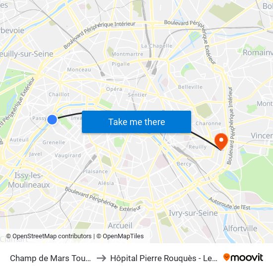 Champ de Mars Tour Eiffel to Hôpital Pierre Rouquès - Les Bluets map