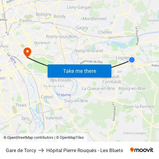 Gare de Torcy to Hôpital Pierre Rouquès - Les Bluets map