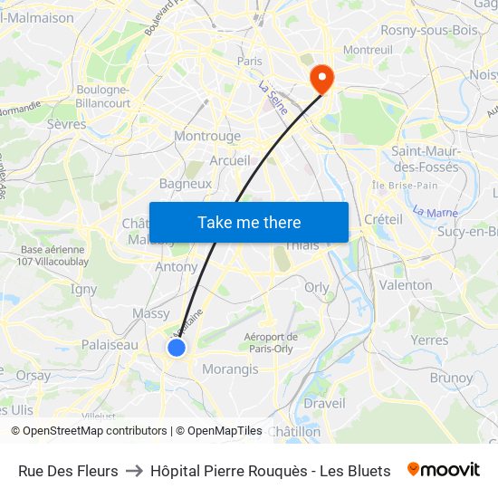Rue Des Fleurs to Hôpital Pierre Rouquès - Les Bluets map