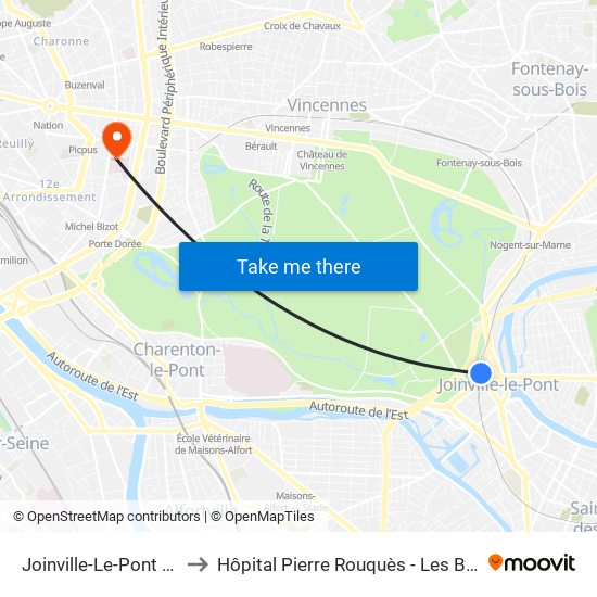 Joinville-Le-Pont RER to Hôpital Pierre Rouquès - Les Bluets map