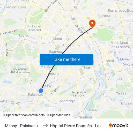 Massy - Palaiseau RER to Hôpital Pierre Rouquès - Les Bluets map