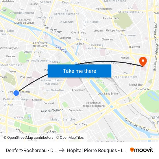 Denfert-Rochereau - Daguerre to Hôpital Pierre Rouquès - Les Bluets map
