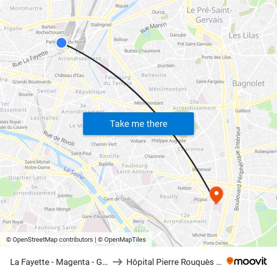 La Fayette - Magenta - Gare du Nord to Hôpital Pierre Rouquès - Les Bluets map