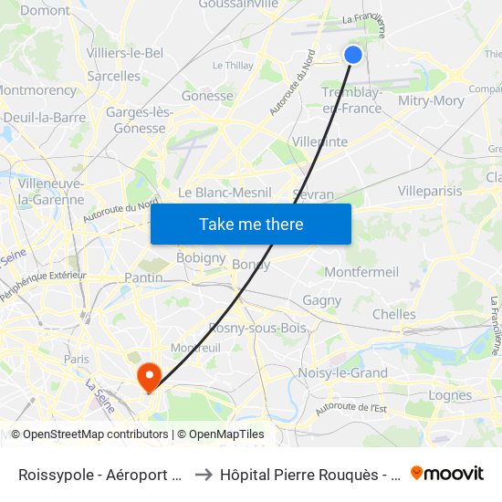 Roissypole - Aéroport Cdg1 (E2) to Hôpital Pierre Rouquès - Les Bluets map