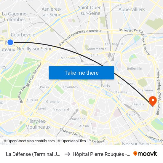 La Défense (Terminal Jules Verne) to Hôpital Pierre Rouquès - Les Bluets map