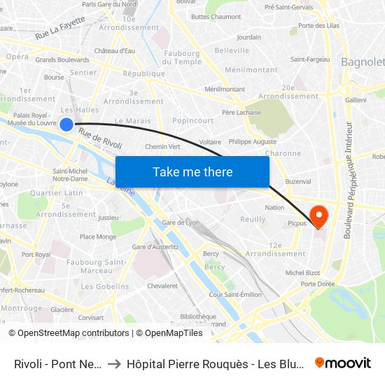 Rivoli - Pont Neuf to Hôpital Pierre Rouquès - Les Bluets map