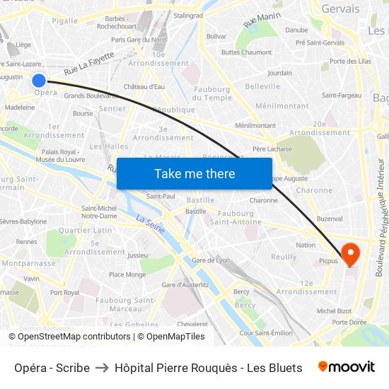 Opéra - Scribe to Hôpital Pierre Rouquès - Les Bluets map