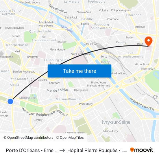 Porte D'Orléans - Ernest Reyer to Hôpital Pierre Rouquès - Les Bluets map