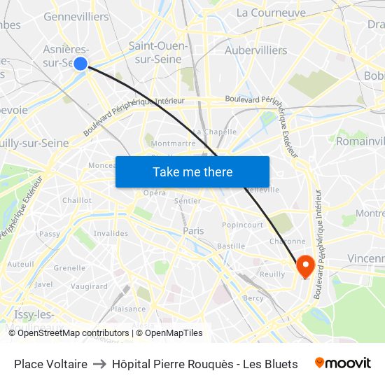 Place Voltaire to Hôpital Pierre Rouquès - Les Bluets map