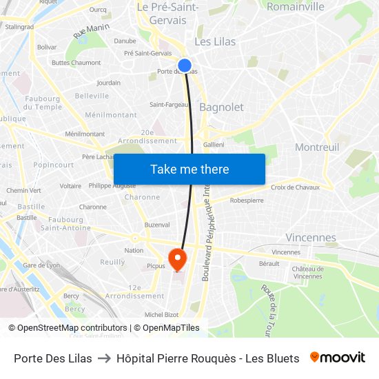 Porte Des Lilas to Hôpital Pierre Rouquès - Les Bluets map