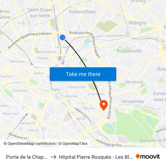 Porte de la Chapelle to Hôpital Pierre Rouquès - Les Bluets map