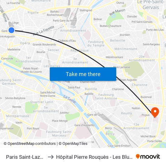 Paris Saint-Lazare to Hôpital Pierre Rouquès - Les Bluets map