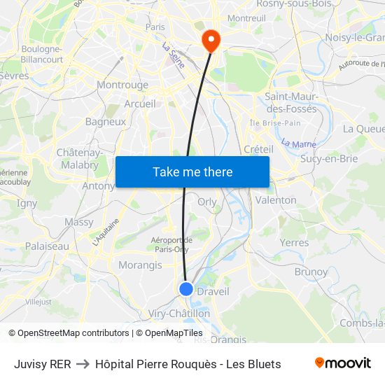Juvisy RER to Hôpital Pierre Rouquès - Les Bluets map