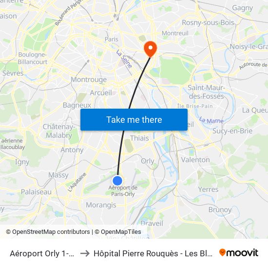 Aéroport Orly 1-2-3 to Hôpital Pierre Rouquès - Les Bluets map