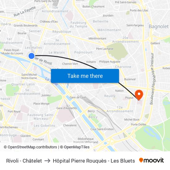 Rivoli - Châtelet to Hôpital Pierre Rouquès - Les Bluets map