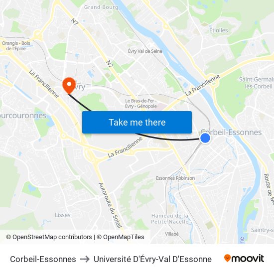 Corbeil-Essonnes to Université D'Évry-Val D'Essonne map