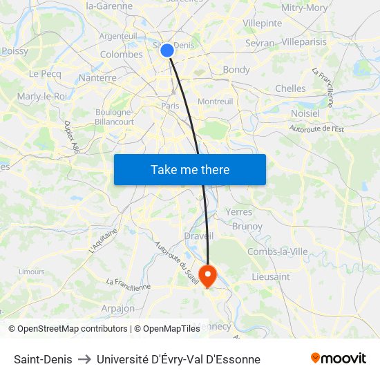 Saint-Denis to Université D'Évry-Val D'Essonne map
