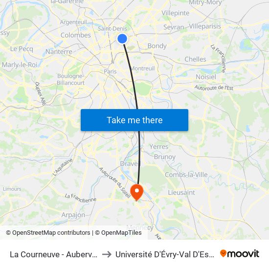 La Courneuve - Aubervilliers to Université D'Évry-Val D'Essonne map