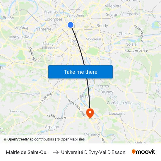 Mairie de Saint-Ouen to Université D'Évry-Val D'Essonne map