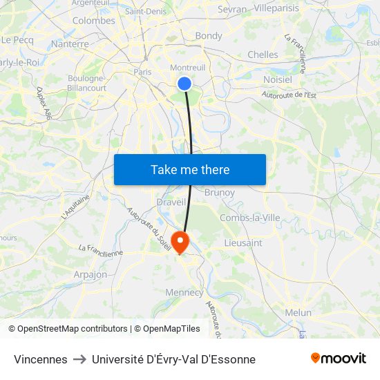 Vincennes to Université D'Évry-Val D'Essonne map