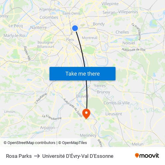 Rosa Parks to Université D'Évry-Val D'Essonne map