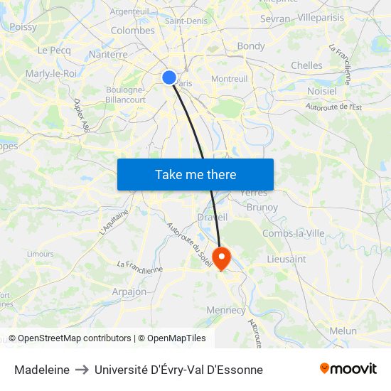 Madeleine to Université D'Évry-Val D'Essonne map